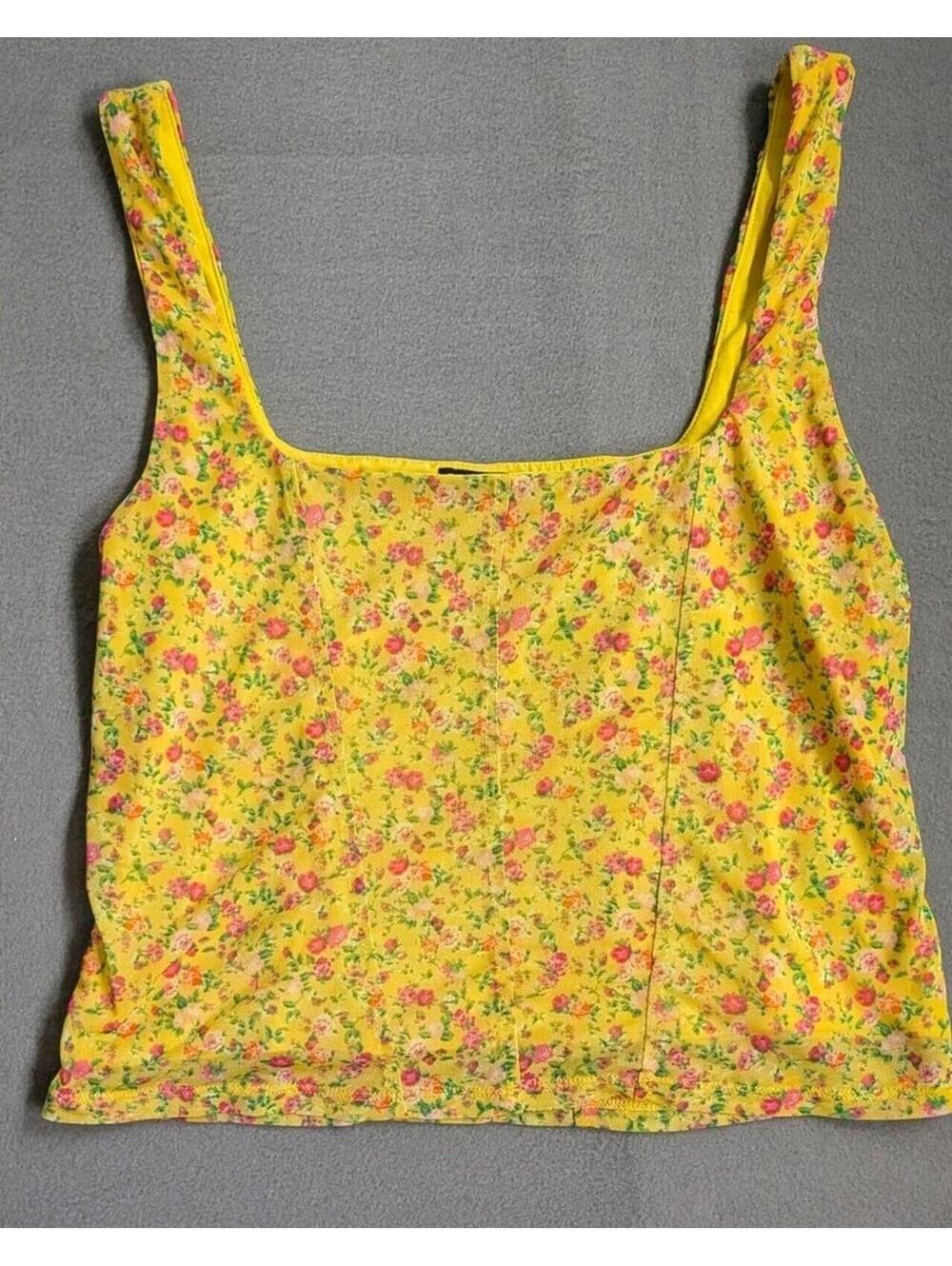 AFRM Tank Top Womens L Yellow Floral Square Neck Mesh Cropped Camisole Summer